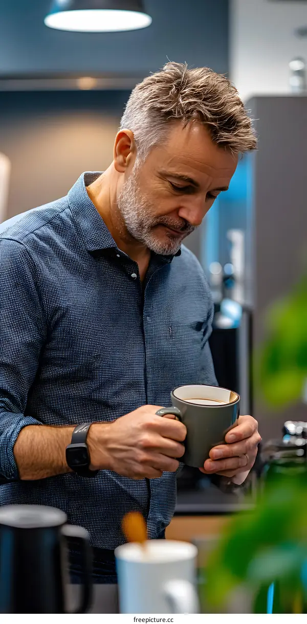 Man in a Blue Shirt Holding a Cup of Coffee