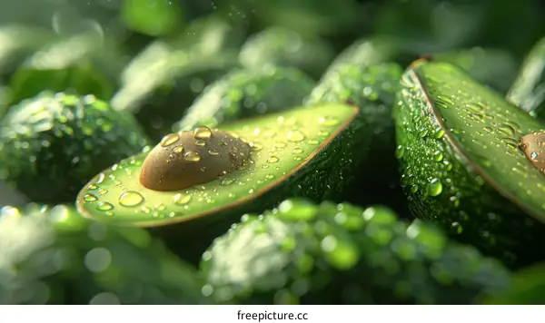 Close-up of a fresh green avocado cut in half with water drops