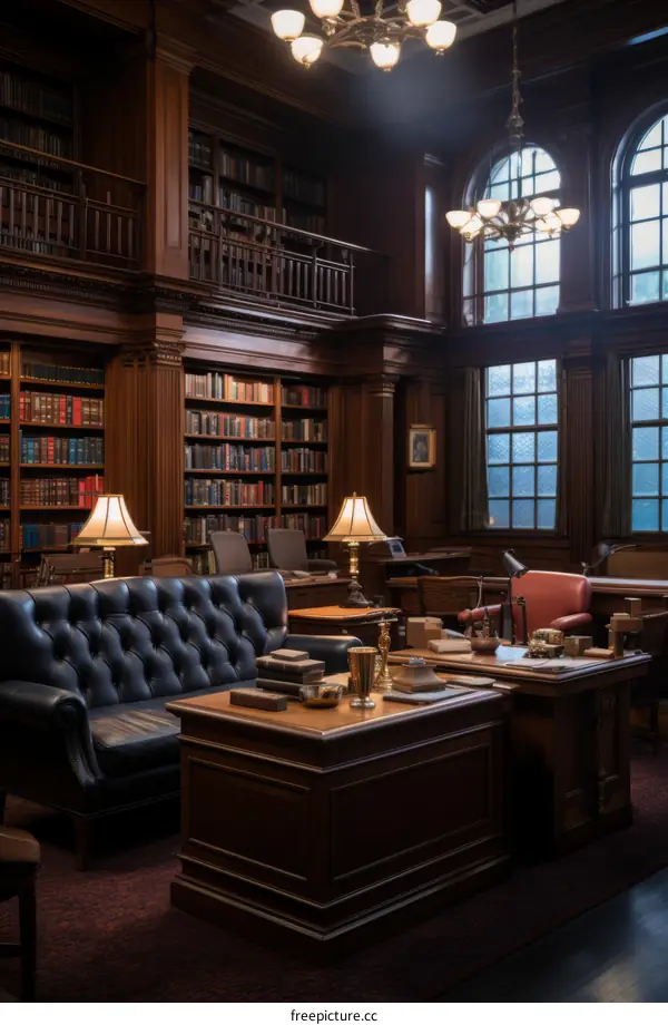 Ornate Vintage Library Interior with Bookshelves and Leather Furniture