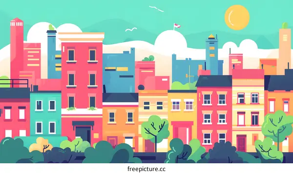 Colorful Cityscape Illustration with Buildings and Trees