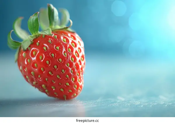 Single red strawberry on blue background