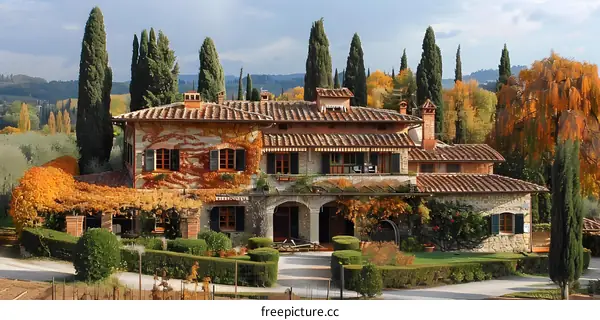 Italian villa with cypress trees