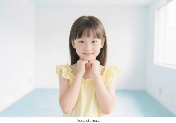 A Young Girl Wearing Yellow Dress Standing in Bright Room