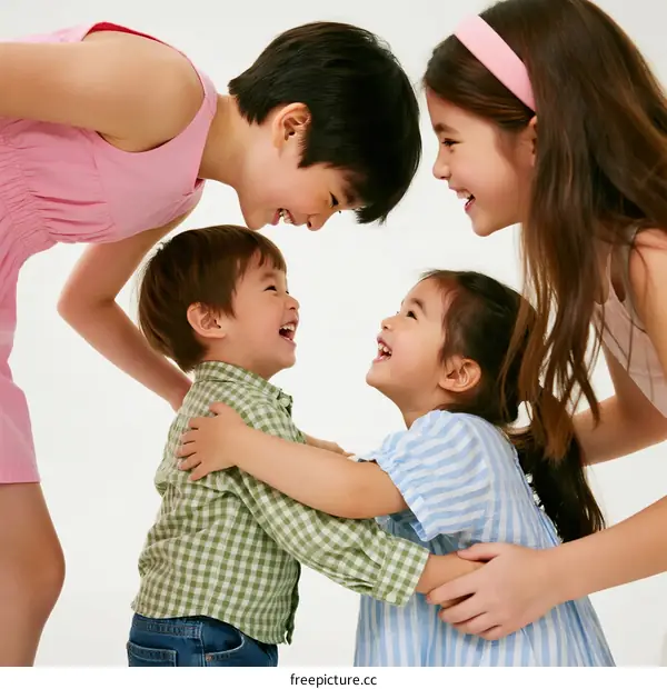Group of children and adults interacting with joyful expressions