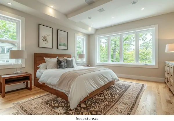 A master bedroom with vaulted ceilings and large windows