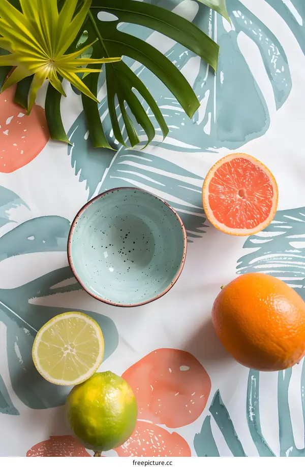 Tropical Fruit and Bowl on Tablecloth