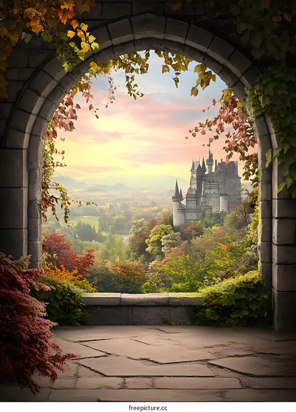 Stone Archway View of a Magical Castle in the Forest