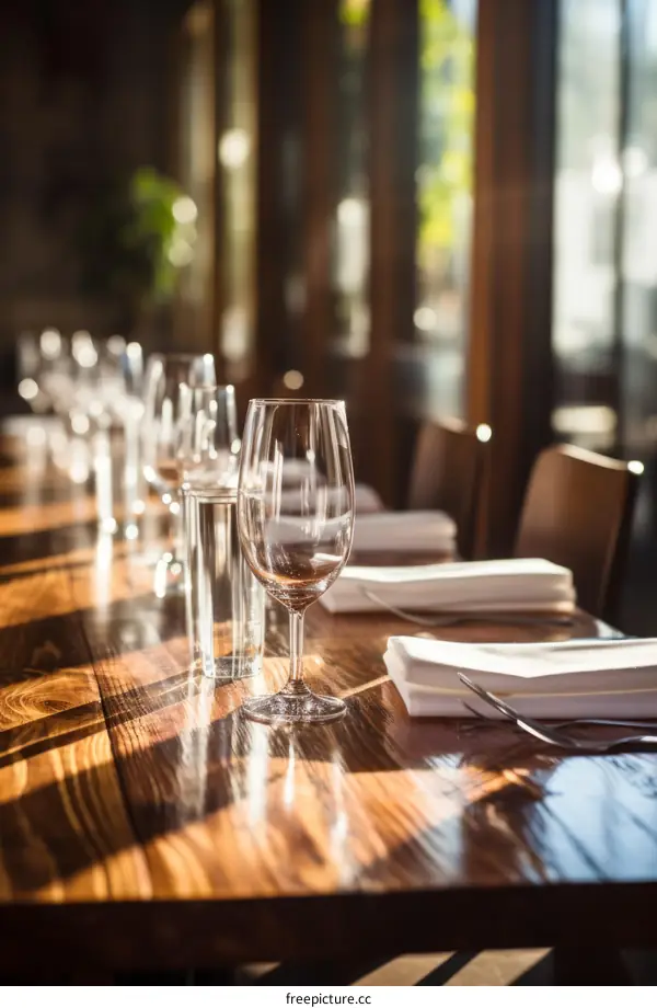 An empty restaurant table set with wine glasses and cloth napkins