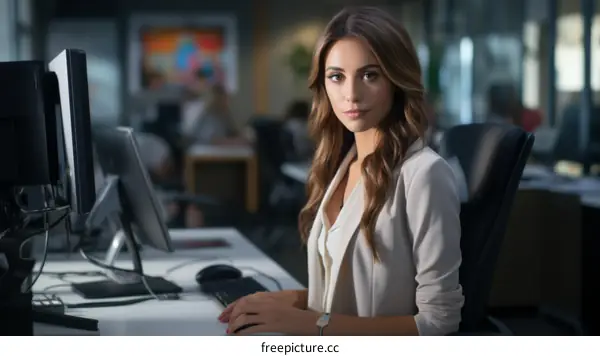 Confident young businesswoman sitting at her desk in a modern office