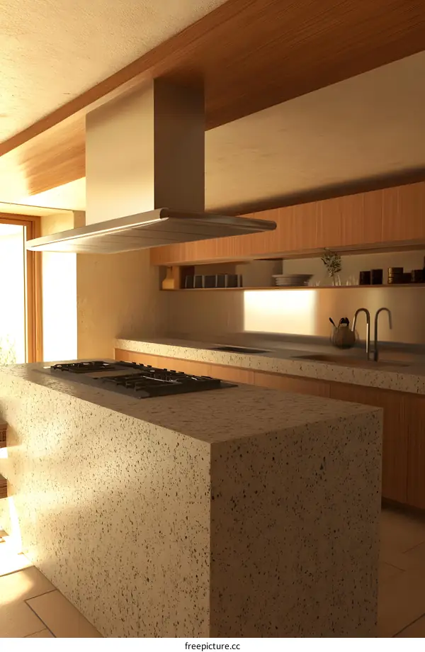 Modern Kitchen with Stainless Steel Range Hood and Stone Countertop