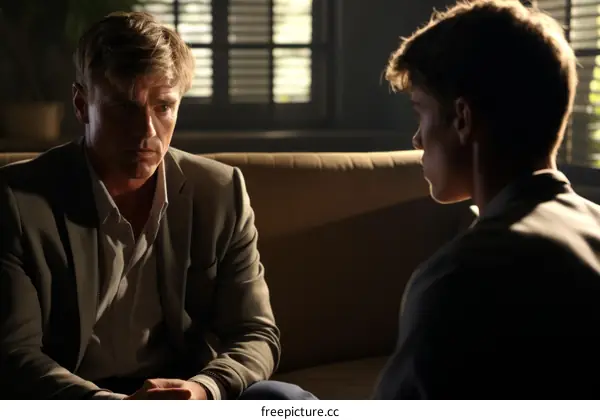 A father and son have a serious conversation in a dimly lit room