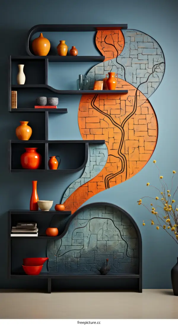 Blue and orange abstract painting with shelves and vases