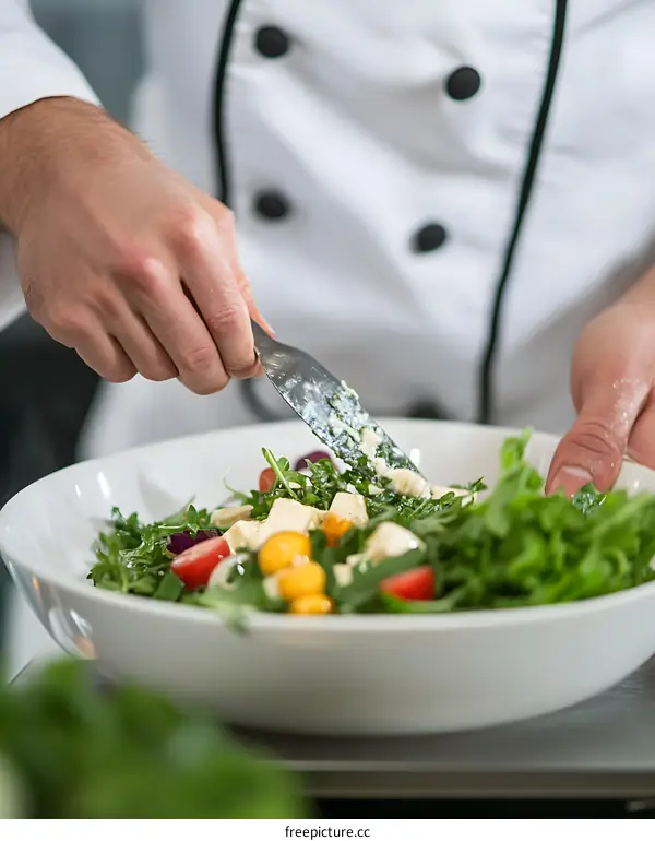 Chef Preparing Fresh Green Salad with Knife