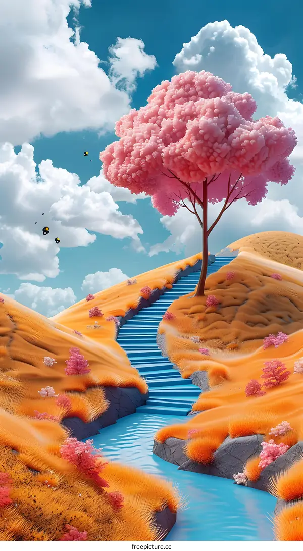 Pink surreal landscape with a blue river and a pink tree