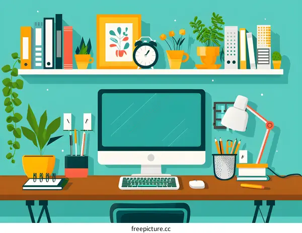Modern Office Desk with Computer, Books, Plants and Accessories
