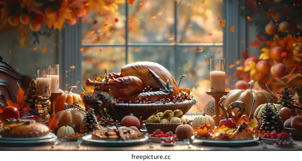 Friendsgiving dinner table set with roasted turkey, pumpkins, candles and autumn leaves
