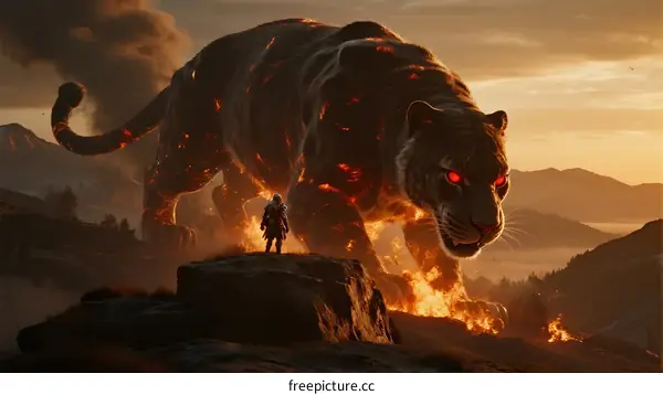 Colossal Flaming Tiger and Small Figure Standing on Rock