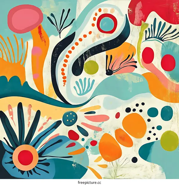 Abstract Colorful Floral Pattern with Dots and Lines