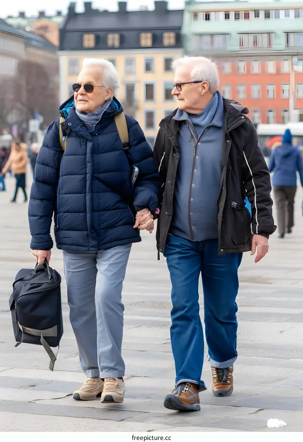 Elderly Couple Walking Hand in Hand Through a European City
