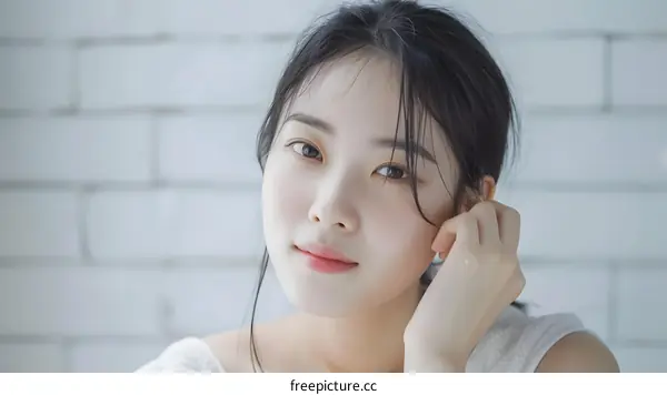 Beautiful Asian Woman with White Brick Wall Background