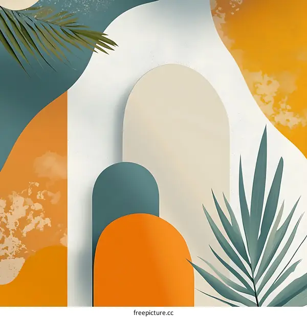 Abstract Minimalist Tropical Background With Geometric Shapes and Palm Leaves