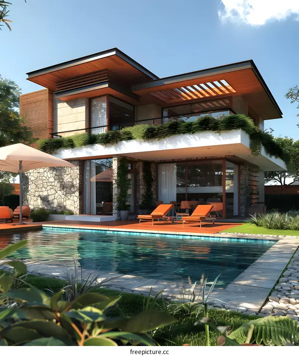 A modern house with a swimming pool and a garden