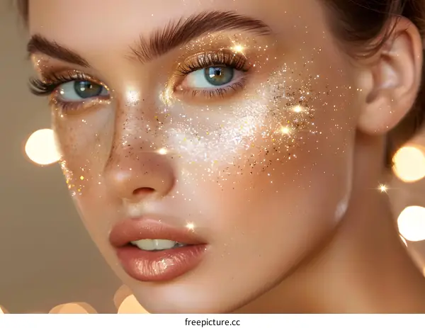 Closeup Portrait of Beautiful Woman with Glitter Makeup