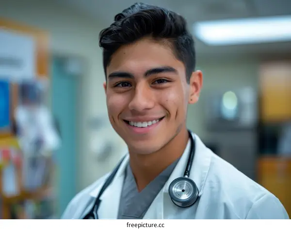 Portrait of a smiling young male doctor or medical student in a white coat and stethoscope around his neck