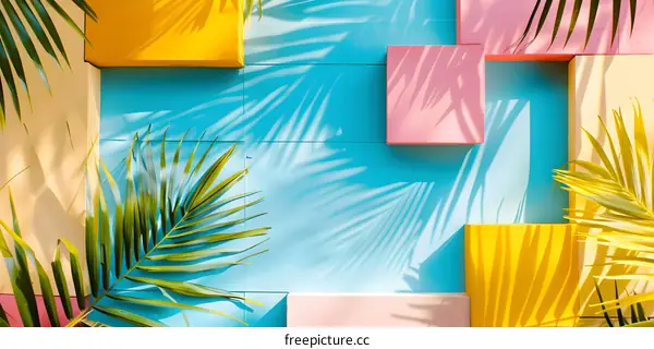 Colorful Palm Leaf Wall With Shadows