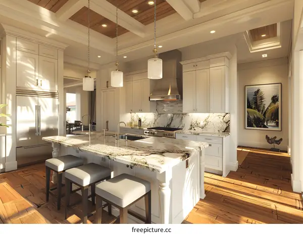 A modern kitchen with a large island and a breakfast bar