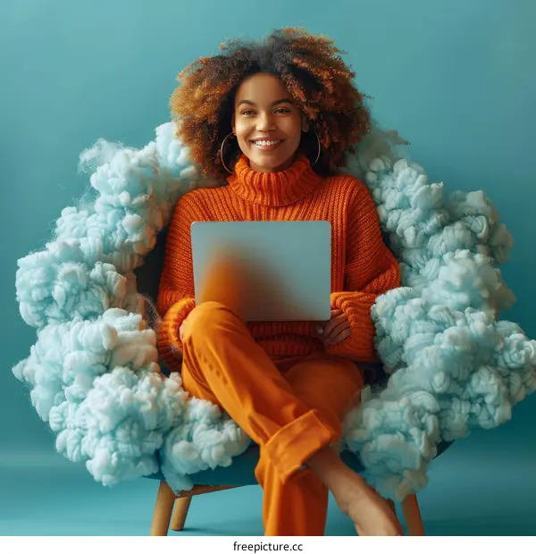 Smiling woman sitting on a cloud using laptop