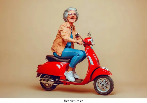Senior Woman Riding a Red Scooter in Studio