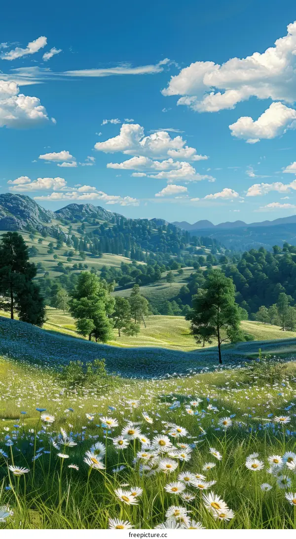 Rolling Green Hills with White Flowers in Foreground