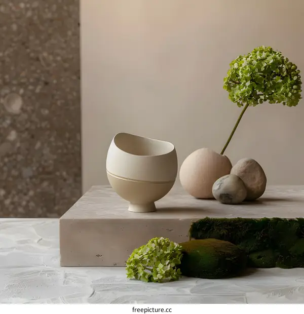 Modern Ceramic Vase with Green Plant and Stones on a Minimalist Background