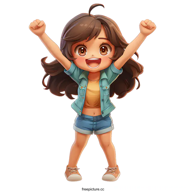 [Transparent Background PNG]Cheerful anime girl with brown hair and brown eyes in denim outfit