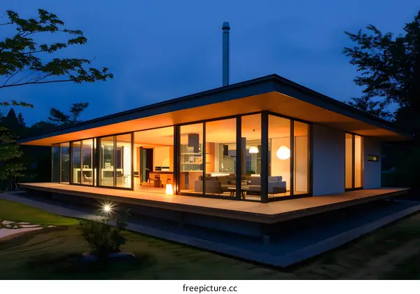 Modern House with Large Windows and Deck at Dusk