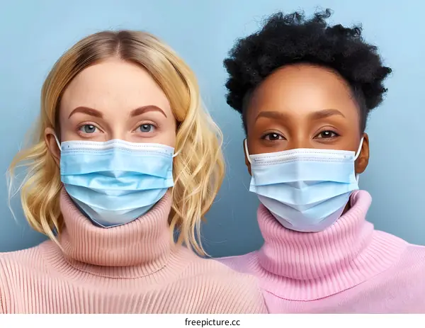 Two Women Wearing Face Masks and Pink Sweaters