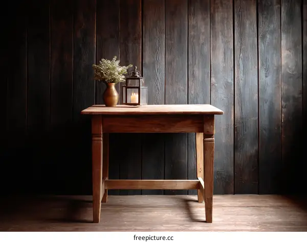 Wooden Table in Dark Wooden Wall Background