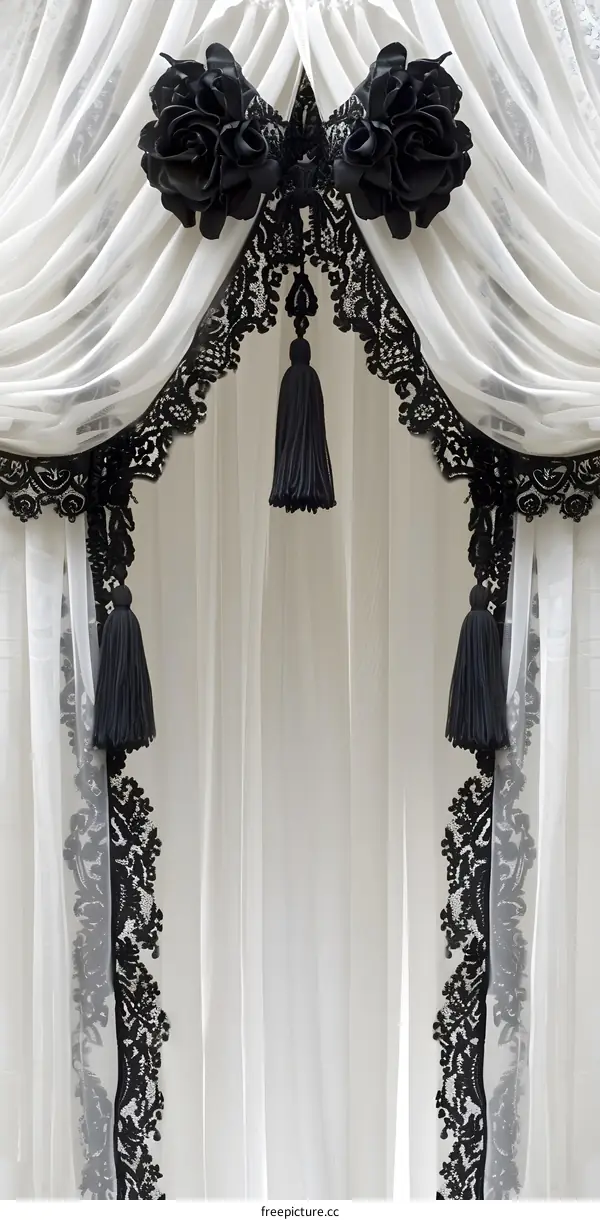 White Sheer Curtains With Black Lace and Tassels