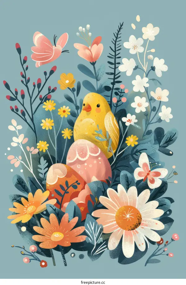 Cute Chick Illustration with Spring Flowers