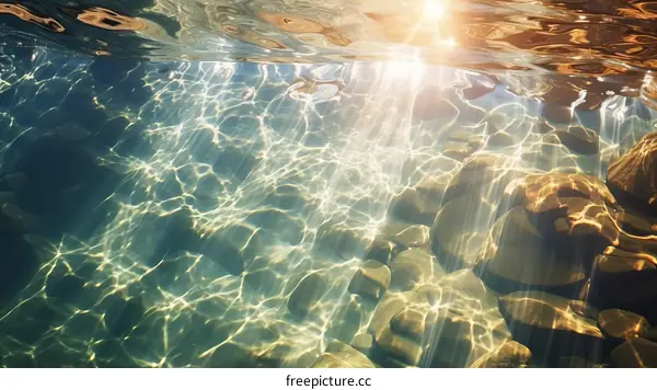 Sunbeams Illuminating Underwater Rocks