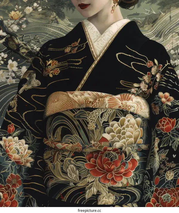 Portrait of a Japanese Woman in Traditional Kimono