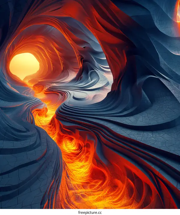 Molten Rock Flowing Through a Volcanic Cavern