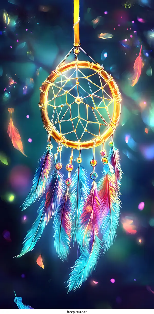 Dreamcatcher with Colorful Feathers on a Dark Background