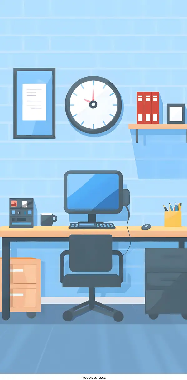 Modern Office Workspace with Desk, Computer, and Clock