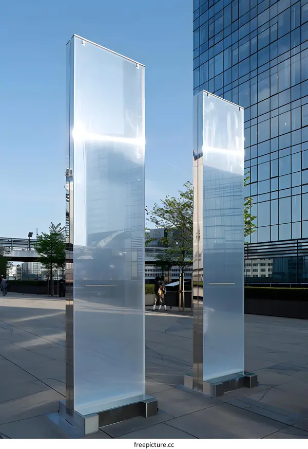 Two Glass Panels Reflecting Modern Buildings in an Urban Setting