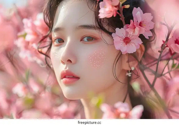 Portrait of a young woman with pink flowers in her hair