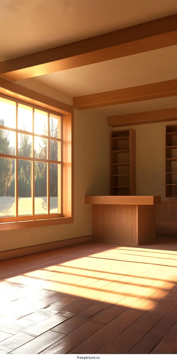 Sunlight Through Window In Empty Room With Wooden Beams