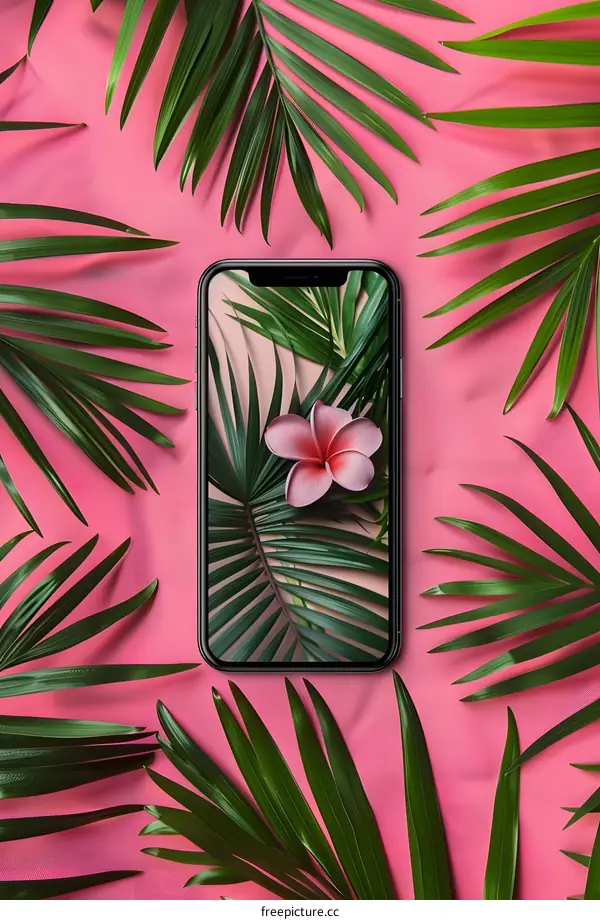 Palm Leaves and Pink Flower on Smartphone Screen