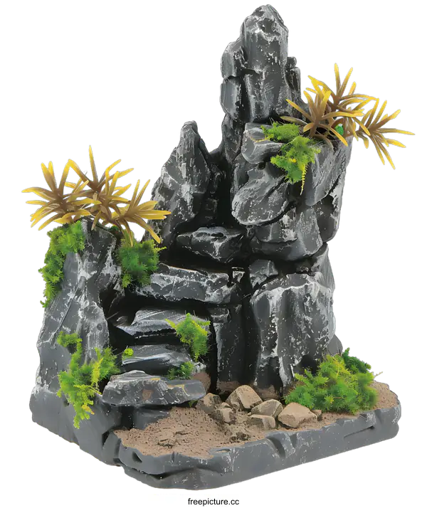 [Transparent Background PNG]Artificial Rock Formation with Green Plants for Aquarium Decoration